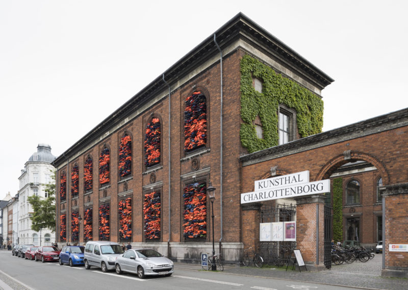 Ai Weiwei - Soleil Levant, 2017, life jackets in front of windows of facade, Kunsthal Charlottenborg, 2017, David Stjernholm