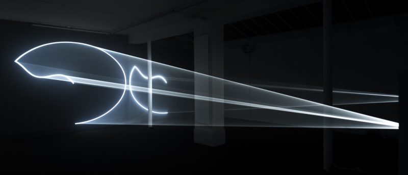 Anthony McCall - Leaving (with Two-Minute Silence), 2009, double installation (horizontal) computer, QuickTime movie file, two video projectors, two audio speakers, two haze machines