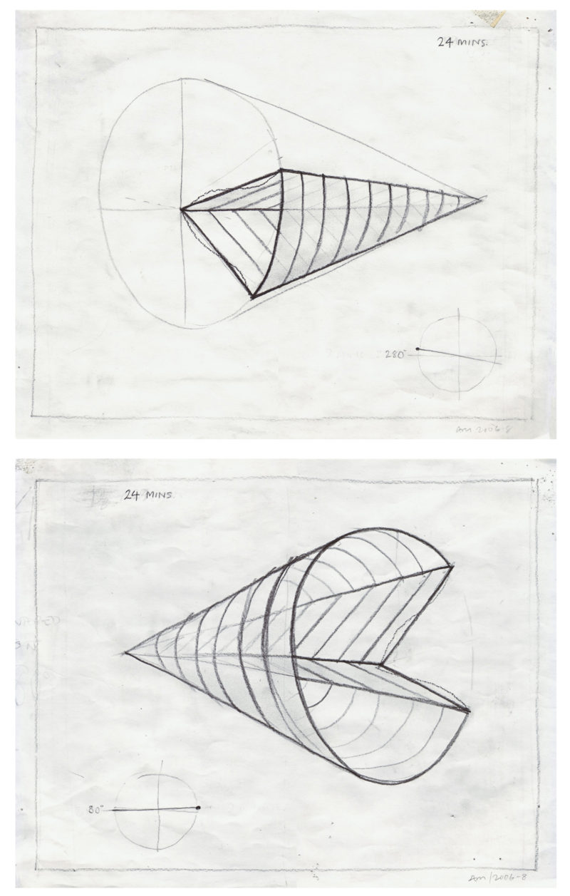 Anthony McCall - Sketch for Leaving (with Two-Minute Silence), 2006:2008. Pair of working drawings in a set of 24