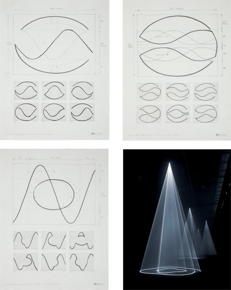Anthony McCall - Studies for ‘Breath’, 2009, four works- three drawings, graphite on paper; one pigment print on paper, each 349 x 273 mm