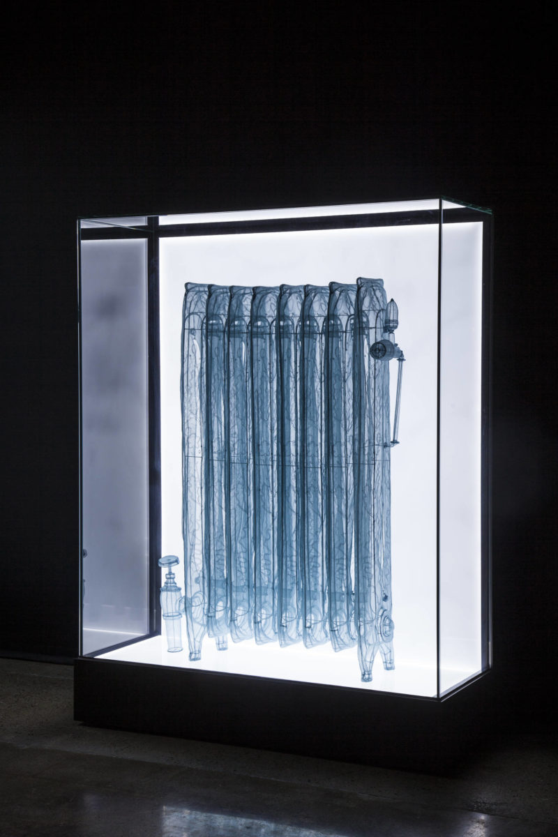 Do Ho Suh - Radiator, 2013, Specimen Series, Apartment A, 348 West 22nd Street, New York, NY 10011, USA, 2013. Polyester fabric, stainless steel wire, display case with LED lighting