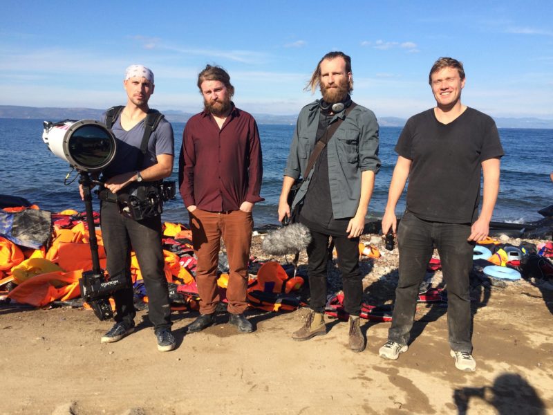 (From right to left) Photographer Richard Mosse, Composer Ben Frost, Writer John Holten and Cinematographer Trevor Tweeten in Lesbos, Greece