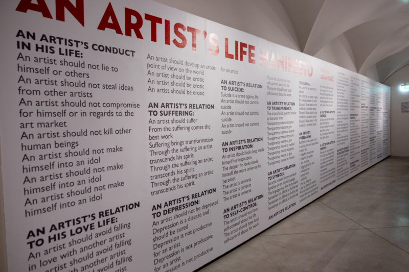 Installlation view of Marina Abramović’s Artist’s Life Manifesto at the exhibition The Cleaner, Palazzo Strozzi, Florence, 2018
