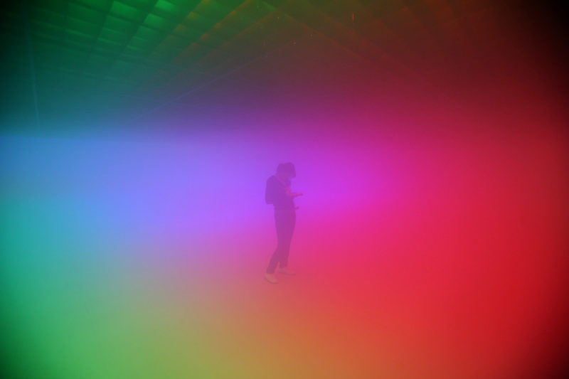 Olafur Eliasson - Feelings are facts, 2010, Fluorescent lights (red, green, blue), aluminium, steel, wood, ballasts, haze machines, Ullens Center for Contemporary Art, Beijing, 2010