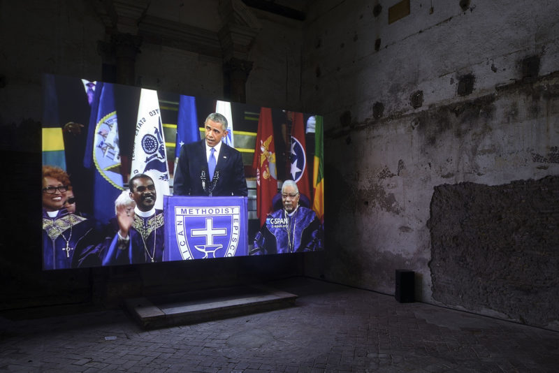 Barack Obama in Arthur Jafa's Love Is The Message, The Message Is Death, Sant’Andrea de Scaphis, Rome, 2018, photo Roberto Apa