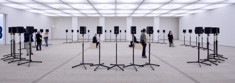 Janet Cardiff - The Forty Part Motet (A reworking of “Spem in Alium,” by Thomas Tallis 1556), 2001, 40-channel audio installation with speakers and stands, BALTIC Centre for Contemporary Art, 2012, photo: Colin Davison
