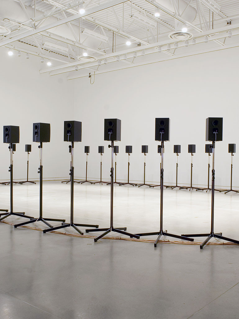 Janet-Cardiff-The-Forty-Part-Motet-A-reworking-of-“Spem-in-Alium”-by-Thomas-Tallis-1556-2001-40-channel-audio-installation-with-speakers-and-stands