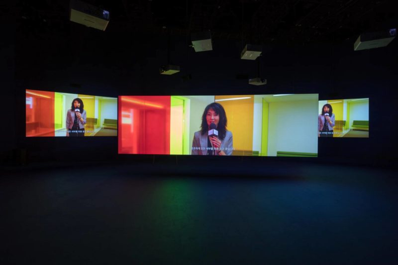 Maggie Cheung in Isaac Julien's Playtime, 2014, Seven screen ultra high definition video installation with 7.1 surround sound, 66 min 57 sec, Platform-L Contemporary Art Center, Seoul, 2017