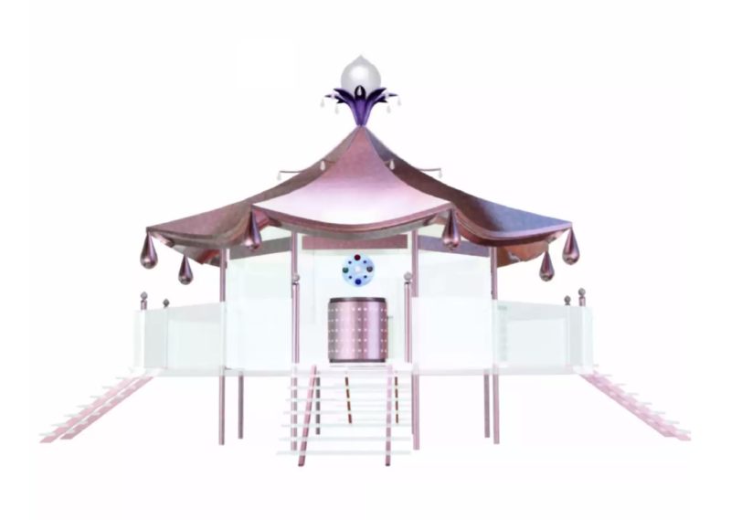 Mariko Mori - Dream Temple, 1997-1999, metal, glass, plastic, fiber optics, fabric, Vision Dome (3D hemispherical display), audio, 500 x 1000 cm