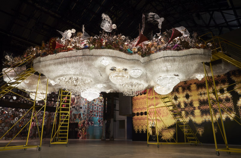 Nick Cave - Crystal Cloudscape, thousands of crystals, beads, found objects and a few chandeliers, 12m long, 6m wide, with four ladders to view artwork from top level