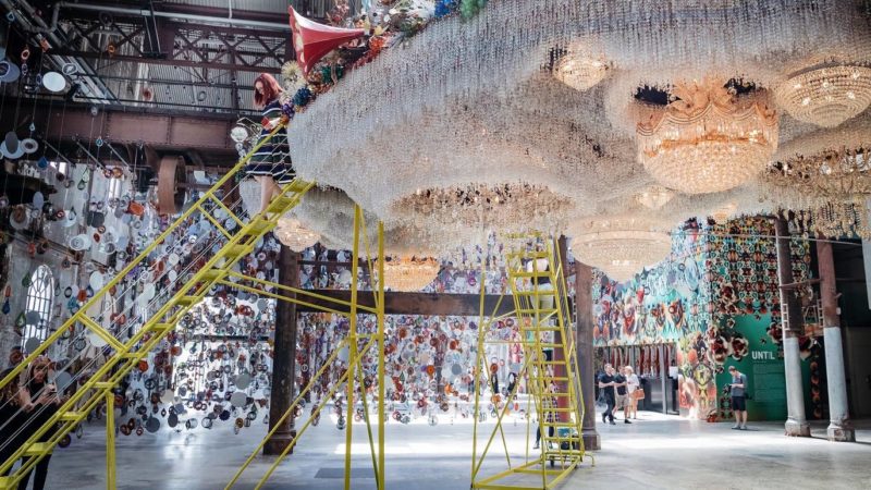 Nick Cave - Crystal Cloudscape, thousands of crystals, beads, found objects and a few chandeliers, 12m long, 6m wide, with four ladders to view artwork from top level, Carriageworks, Sydney, Australia