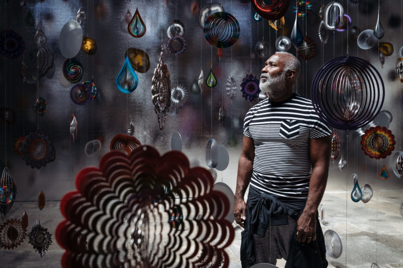 Nick Cave - Kinetic Spinner Forest, 16,000 hanging mobiles made from metallic spinning garden ornaments