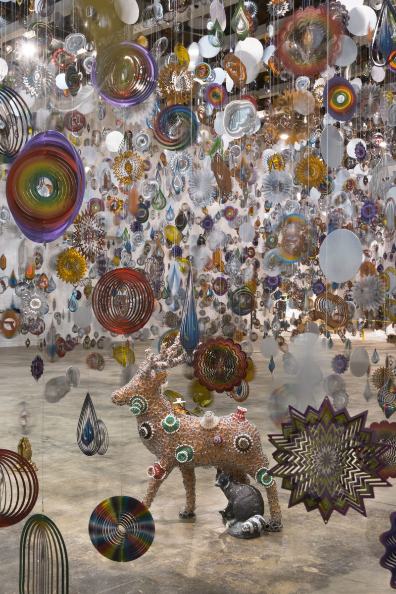 Nick Cave - Kinetic Spinner Forest, 16,000 hanging mobiles made from metallic spinning garden ornaments