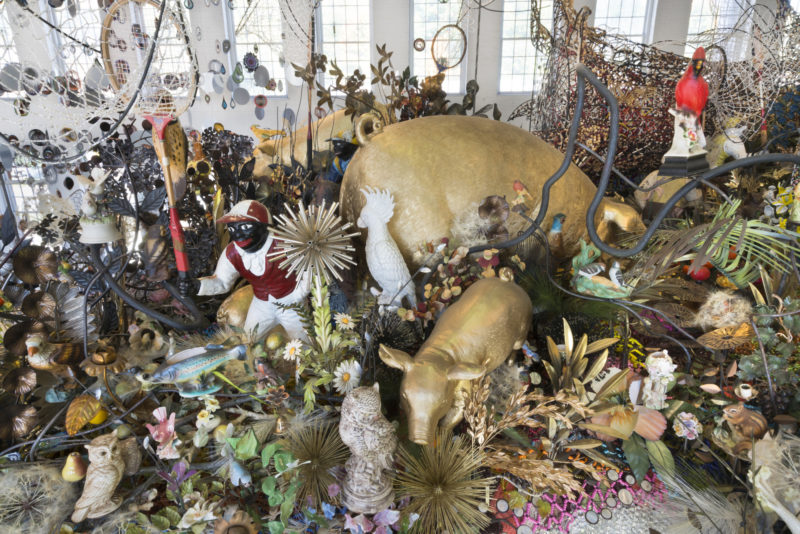 Top view of Nick Cave – Crystal Cloudscape, thousands of crystals, beads, found objects and a few chandeliers, 12m long, 6m wide, with four ladders to view artwork from top level