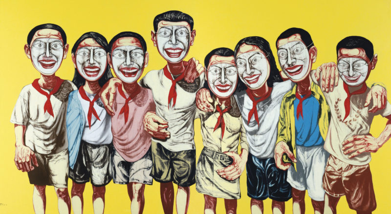Zeng Fanzhi - Mask Series 1996 No. 6, 1996, oil on canvas diptych, 200 x 360 cm. (78 3/4 x 141 3/4 in.)