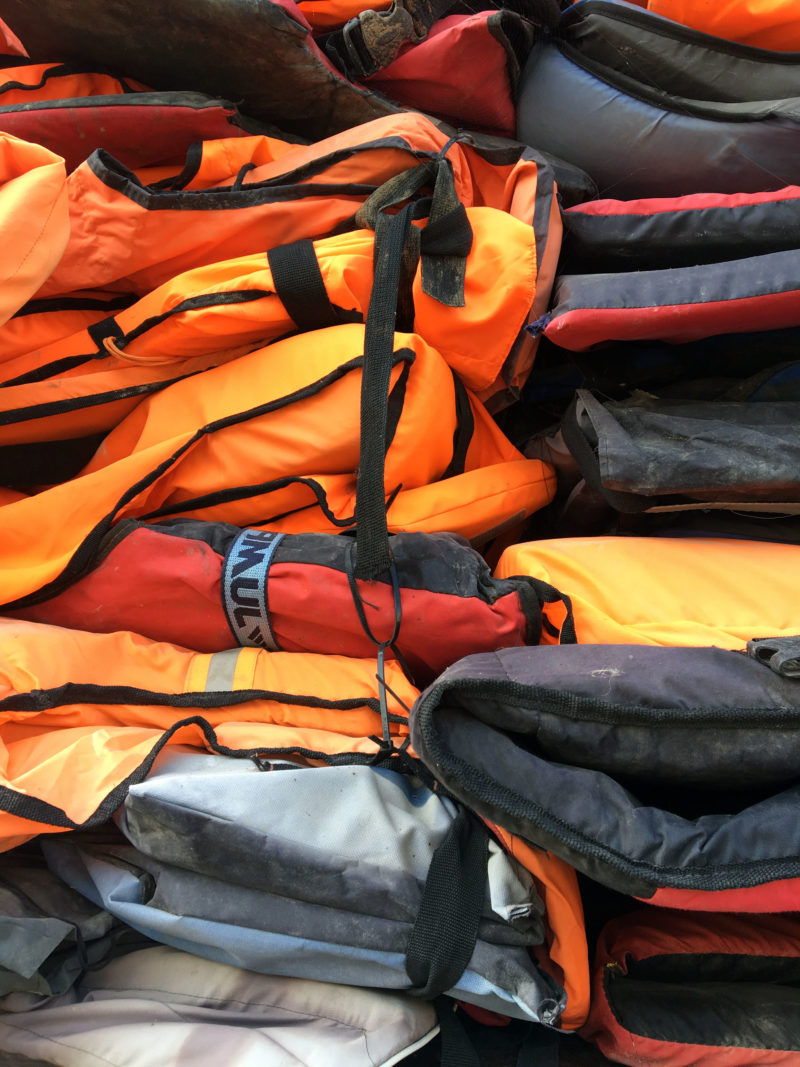 Ai Weiwei – Soleil Levant, 2017, life jackets in front of windows of facade, Kunsthal Charlottenborg, 2017