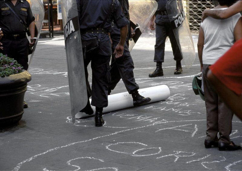 Allora & Calzadilla - Chalk, 1998/2002, 12 pieces of chalk, 20.3 x 20.3 x 162.5 centimeters, exhibition view, Passage Santa Rosa, III Ibero-American Biennial of Lima, 2002