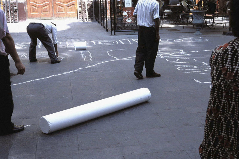 Allora & Calzadilla - Chalk, 1998/2002, 12 pieces of chalk, 20.3 x 20.3 x 162.5 centimeters, exhibition view, Passage Santa Rosa, III Ibero-American Biennial of Lima, 2002