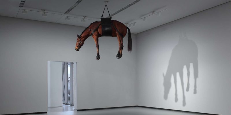 Maurizio Cattelan – The Ballad of Trotsky, 1996, taxidermized horse, leather saddlery, rope, pulley Grandeur nature, 270 x 200 x 75 cm, Fondation Louis Vuitton