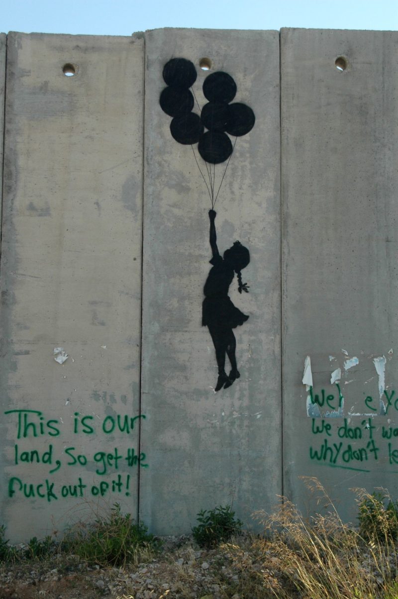 Banksy – Flying Balloon Girl, 2005, spray paint, separation wall, Palestine