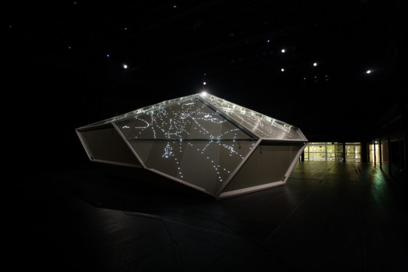 Carsten Nicolai - syn chron, 2004, lightweight structure, steel, aluminum, laser projection, sound system, rubber, 1250 x 800 x 460 cm, installation view, Yamaguchi Center for Arts and Media (YCAM), Japan