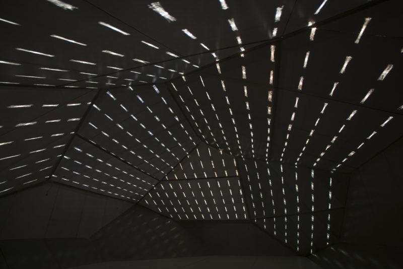 Carsten Nicolai - syn chron, 2004, lightweight structure, steel, aluminum, laser projection, sound system, rubber, 1250 x 800 x 460 cm, installation view, Yamaguchi Center for Arts and Media (YCAM), Japan