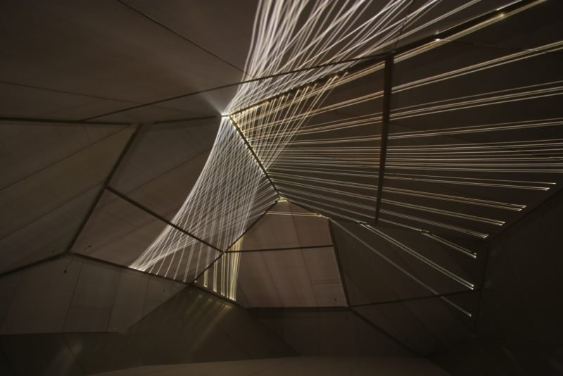 Carsten Nicolai - syn chron, 2004, lightweight structure, steel, aluminum, laser projection, sound system, rubber, 1250 x 800 x 460 cm, installation view, Yamaguchi Center for Arts and Media (YCAM), Japan