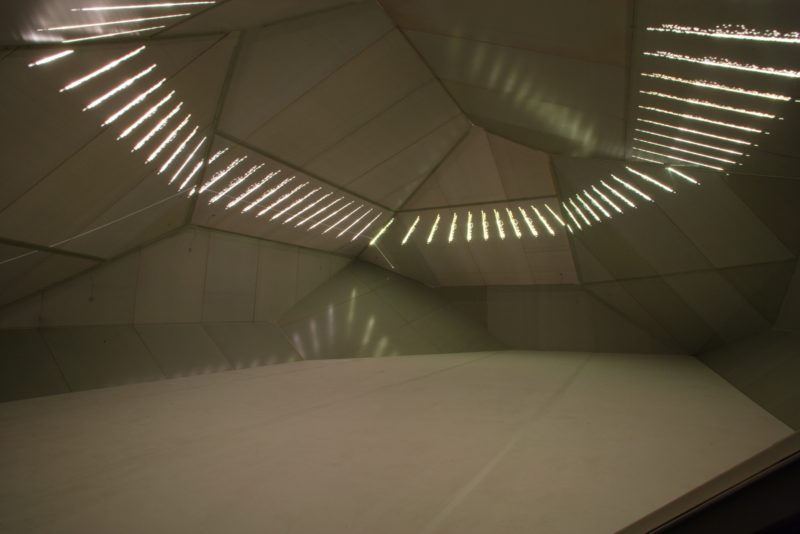 Carsten Nicolai - syn chron, 2004, lightweight structure, steel, aluminum, laser projection, sound system, rubber, 1250 x 800 x 460 cm, installation view, Yamaguchi Center for Arts and Media (YCAM), Japan