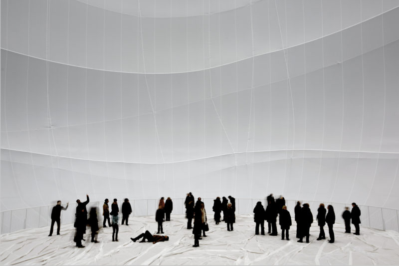 Christo - Big Air Package, 2010, 20,350 sqm of semitransparent polyester fabric, 4 500 m of polypropylene rope, inflated 90 m tall, 50 m wide, 177,000 cubic meter, 5,300 kg, Gasometer Oberhausen, Germany, 2010-2013