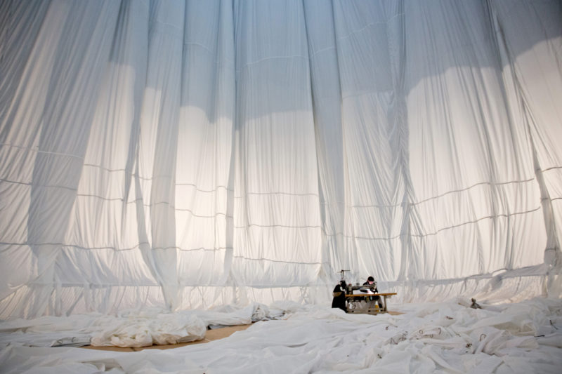 Christo - Big Air Package, 2010, 20,350 sqm of semitransparent polyester fabric, 4 500 m of polypropylene rope, inflated 90 m tall, 50 m wide, 177,000 cubic meter, 5,300 kg, Gasometer Oberhausen, Germany, 2010-2013