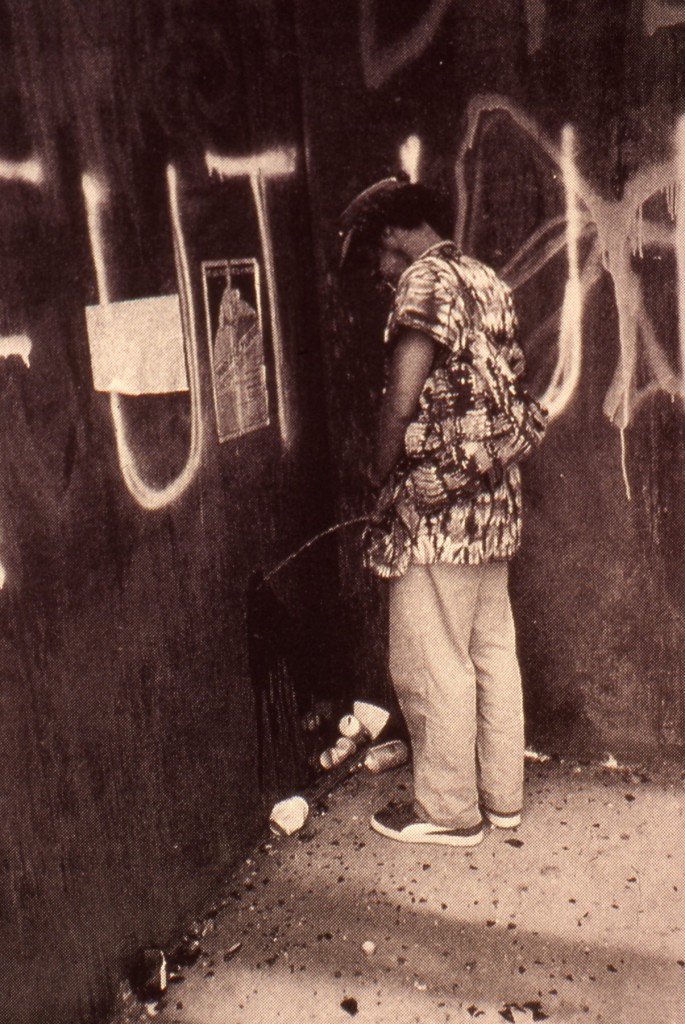 David Hammons - Pissed Off, 1981, Downtown Manhattan, urinating on Richard Serra's public sculpture T.W.U., 1980–1981