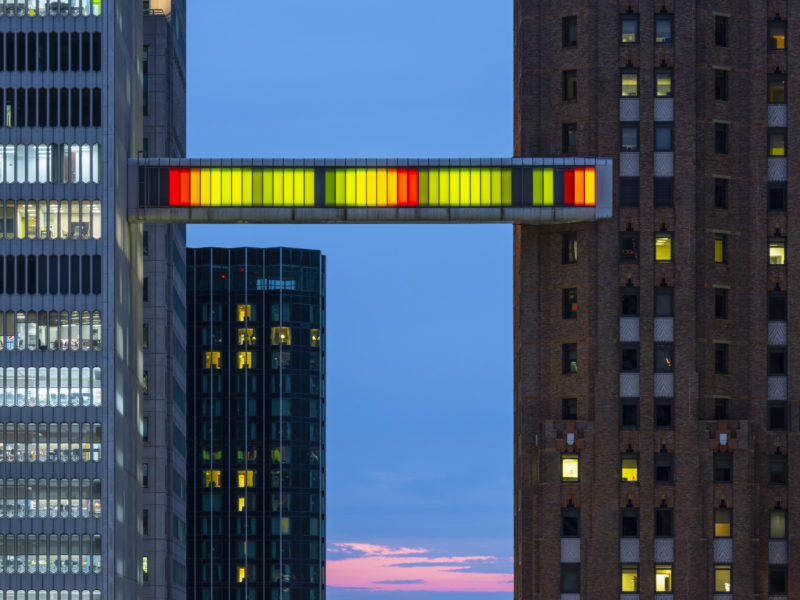 Phillip K. Smith III - Detroit Skybridge, 2018, acrylic, aluminum, LED lighting, electronic components, unique color program, 30,48 x 3,66 x 3,35 m (100 x 12 x 11 ft.), Detroit, Michigan
