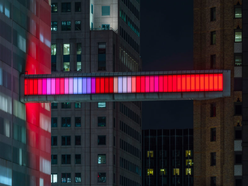 Phillip K. Smith III - Detroit Skybridge, 2018, acrylic, aluminum, LED lighting, electronic components, unique color program, 30,48 x 3,66 x 3,35 m (100 x 12 x 11 ft.), Detroit, Michigan