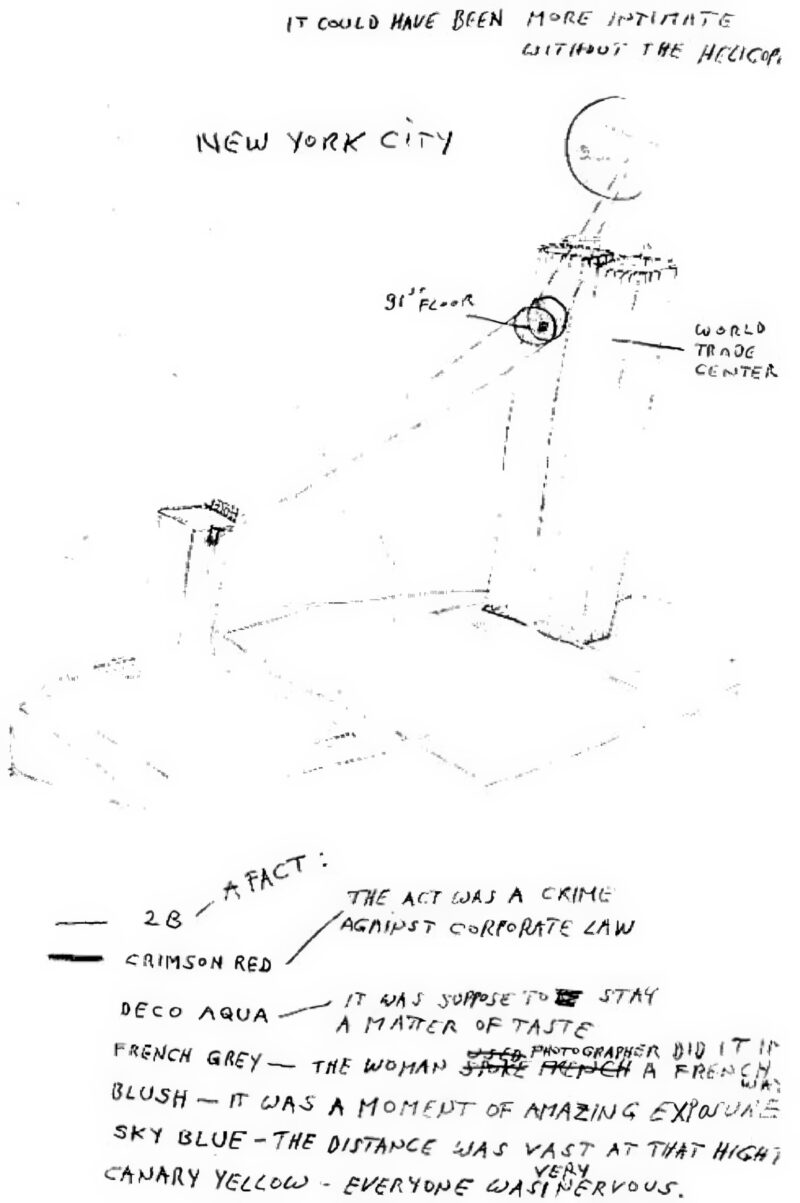 Sketch of Gelitin – The B-Thing, March 2000, installation, 91st Floor of WTC 1, New York