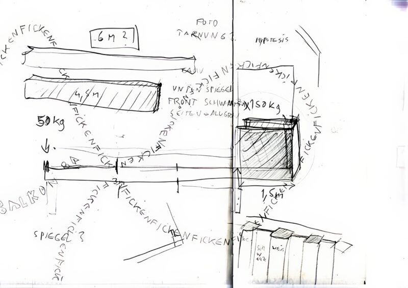 Sketch of Gelitin – The B-Thing, March 2000, installation, 91st Floor of WTC 1, New York