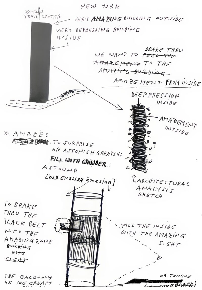 Sketch of Gelitin – The B-Thing, March 2000, installation, 91st Floor of WTC 1, New York