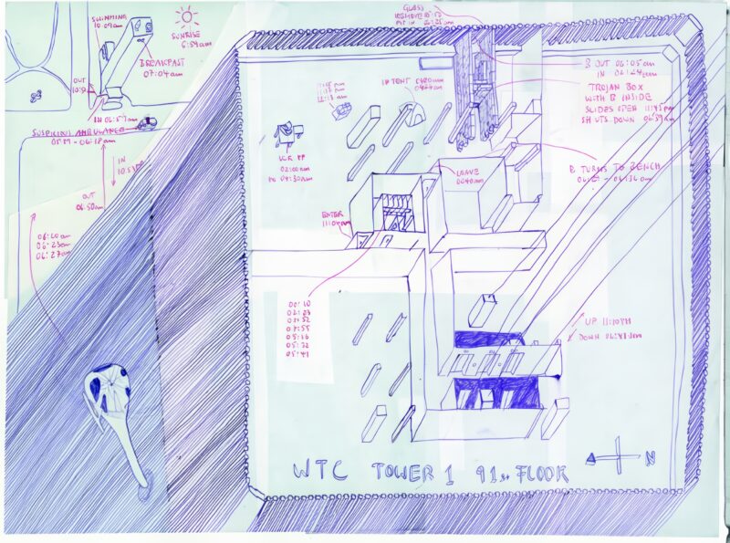 Sketch of Gelitin – The B-Thing, March 2000, installation, 91st Floor of WTC 1, New York