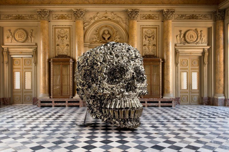 Subodh Gupta - Very Hungry God, 2006, hundreds of stainless steel containers, 390 x 320 x 400 cm, installation view, Monnaie de Paris