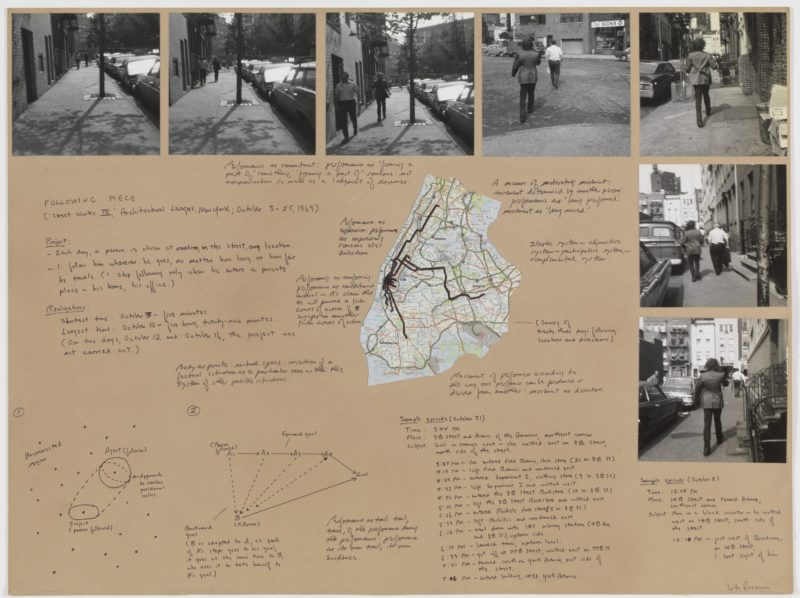 Vito Acconci - Following Piece 1969, gelatin silver prints, felt-tip pen, and map on board, 76 x 102 cm (29 15/16 x 40 3/16 in)