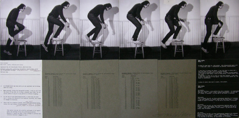 Vito Acconci - Step Piece, 1970, black and white photographs, typewritten text on paper, mounted on board, 101.6 x 49.5 cm