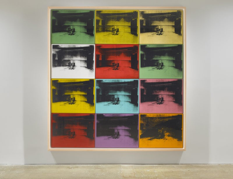 Andy Warhol – Twelve Electric Chairs, 1964, acrylic and silkscreen ink on canvas, 92 x 88 1:3 in, installation view, Venus Over Manhattan