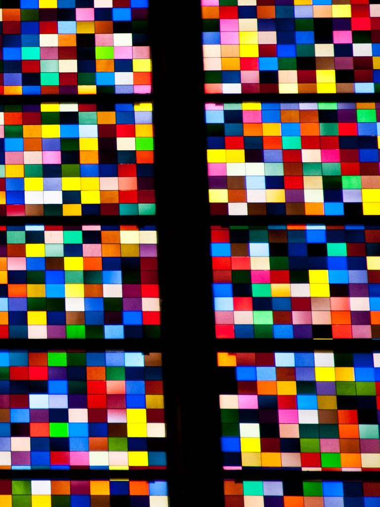 Gerhard Richter – Kölner Domfenster (Cologne Cathedral Window), 2007, 11,000 hand blown glass panels, 72 colors and shades, 9.6 x 9.6 cm each, total size 2300 x 900 cm (106 sqm) feat