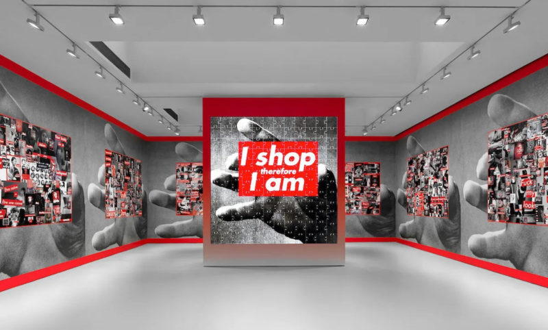 Barbara Kruger - Untitled (I shop therefore I am), 1987/2019, single-channel video on LED panel, sound, 57 sec, 350.1 x 351.1 cm (137 7:8 x 138 1/4 inches), installation view, courtesy David Zwirner