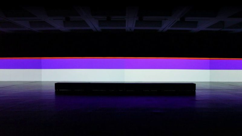 Carsten Nicolai - unicolor, 2014, DLP-projectors, DMX-LED lights, projection screen, mirrors, computer, sound, bench with loudspeakers
