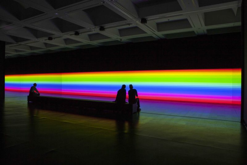 Carsten Nicolai - unicolor, 2014, DLP-projectors, DMX-LED lights, projection screen, mirrors, computer, sound, bench with loudspeakers