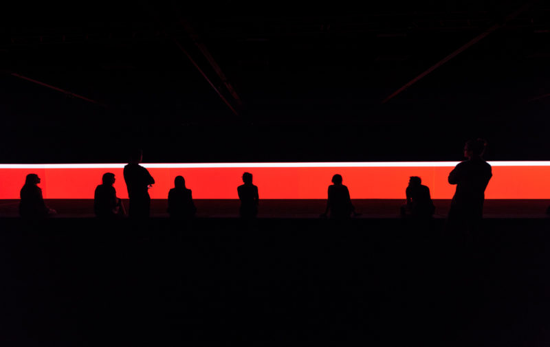 Carsten Nicolai - unicolor, 2014, DLP-projectors, DMX-LED lights, projection screen, mirrors, computer, sound, bench with loudspeakers