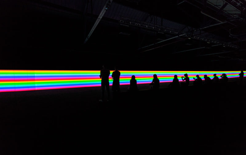 Carsten Nicolai - unicolor, 2014, DLP-projectors, DMX-LED lights, projection screen, mirrors, computer, sound, bench with loudspeakers