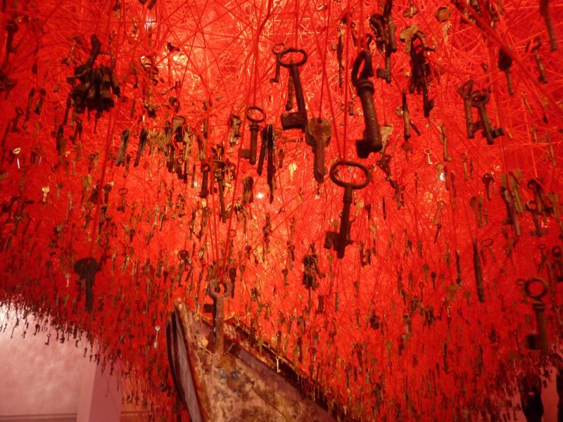 Chiharu Shiota - The key in the hand, 2015, old keys, Venician boats, red wool, Japan Pavilion, 56th Venice Biennale, Venice, Italy
