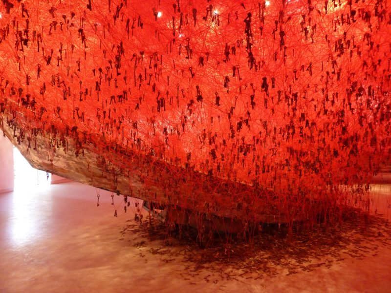 Chiharu Shiota - The key in the hand, 2015, old keys, Venician boats, red wool, Japan Pavilion, 56th Venice Biennale, Venice, Italy