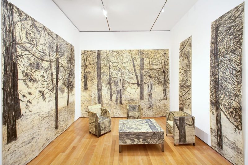 Gilbert & George - The Tuileries, 1974, Charcoal on paper, and charcoal on paper mounted on wood, eight parts, overall dimensions variable, installation view, The Museum of Modern Art, New York